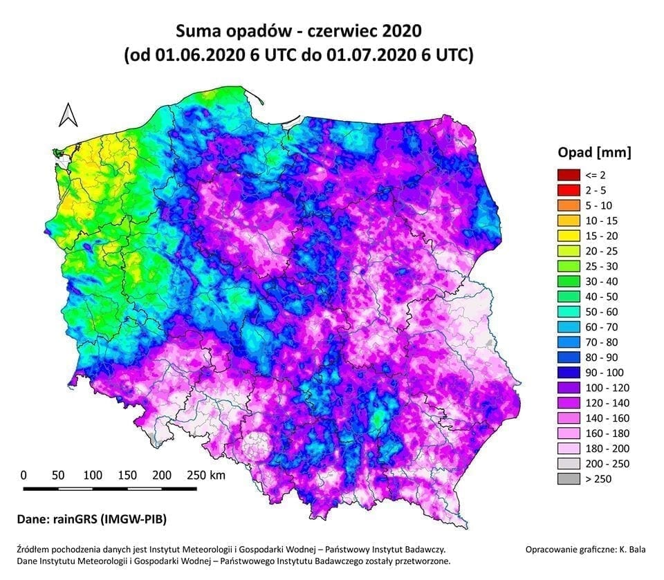 Suma i rozkład opadów w czerwcu 2020 – zródło: DobraPogoda24